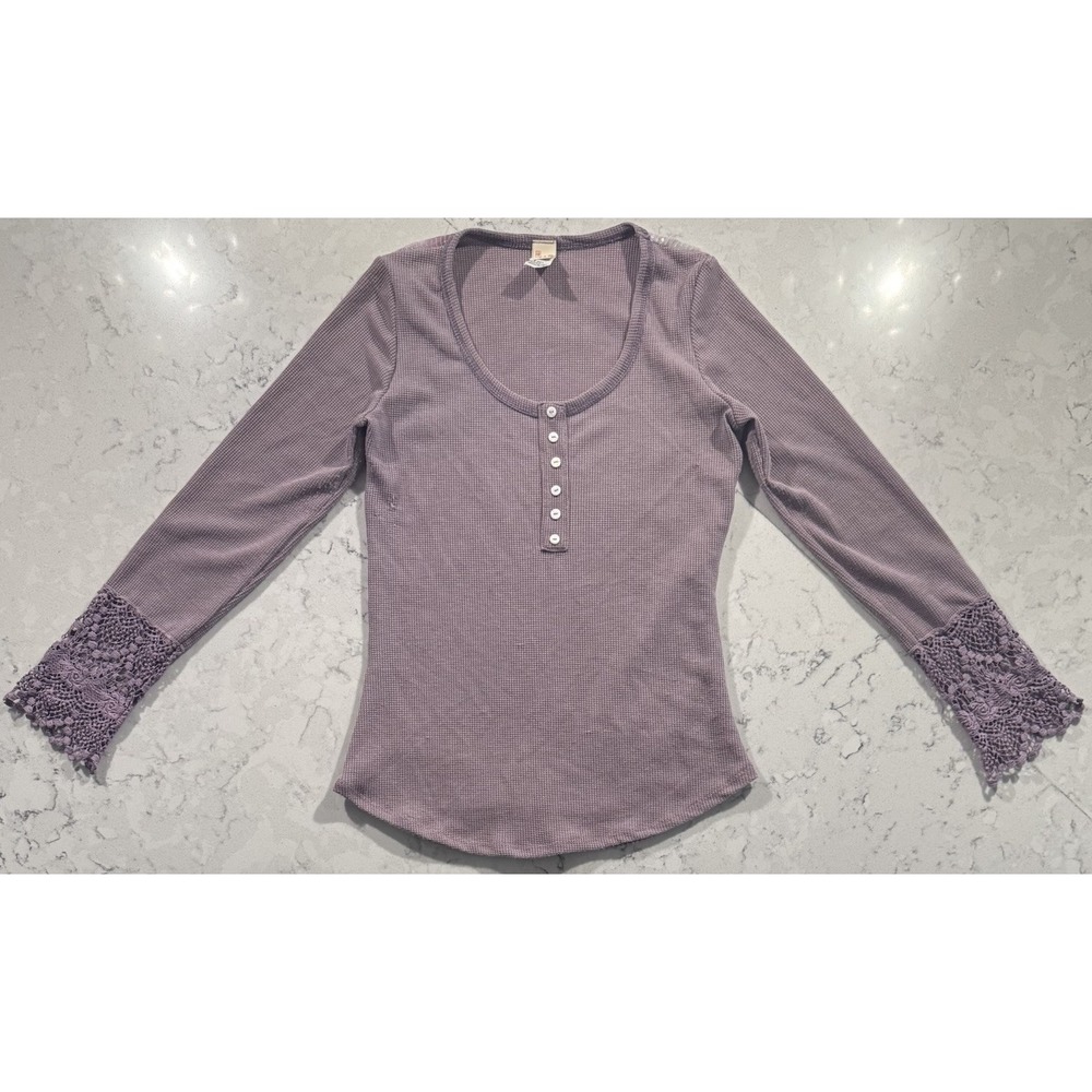 7th Ray Waffle Knit Henley Top Womens Medium Mauve Lace Cuff Long Sleeve Boho
